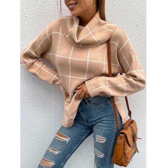 Tan Grid Printed Long Sweater Plaid Pattern Split Sides Pullover Turtleneck - Picture 5 of 12